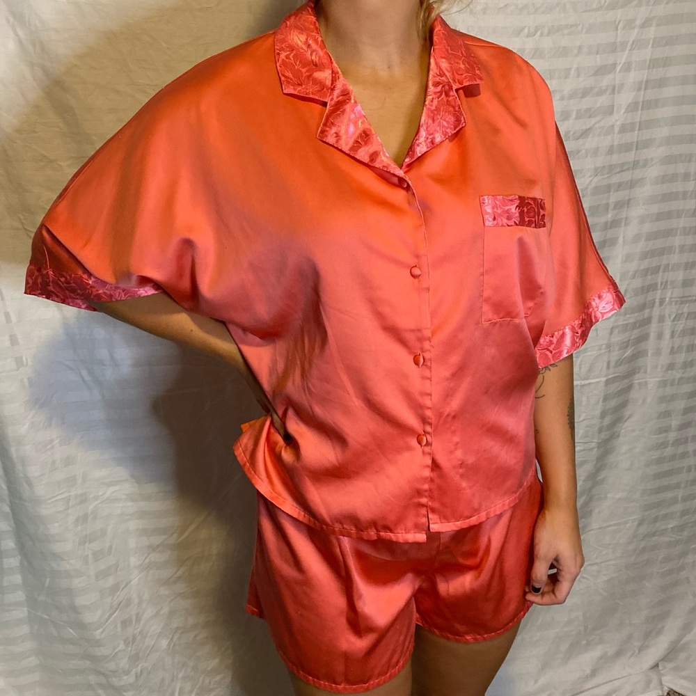 Coral silky pajama set